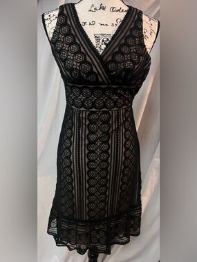 Ann Taylor Black Lace Midi Dress with Nude Lining